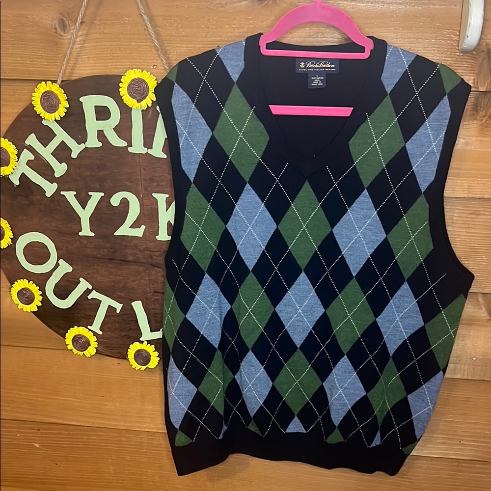 Brooks Brothers Extra Fine Italian Merino Wool Argyle Vest Blue Green Knit Large